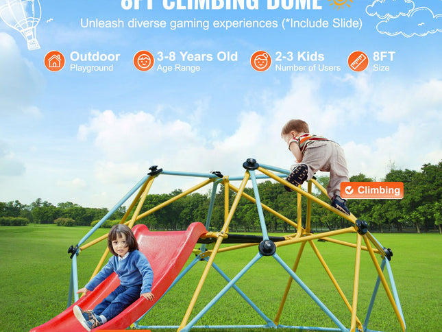 Kids Geometric Climbing Dome with Slide – 8ft, 600lbs Capacity, Ages 3–9