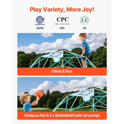 Climbing Dome, 305cm Geometric Dome Climber for Kids, 453kg Loading Jungle Gym Playground with Octopus Net & 2 Basketballs, Easy-Assembly Outdoor Backyard Climbing Toys - Gift for Boys Girls