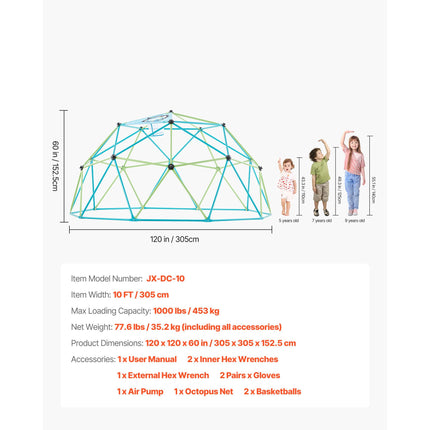 Climbing Dome, 305cm Geometric Dome Climber for Kids, 453kg Loading Jungle Gym Playground with Octopus Net & 2 Basketballs, Easy-Assembly Outdoor Backyard Climbing Toys - Gift for Boys Girls