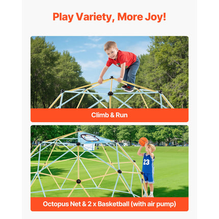 Climbing Dome, 305cm Geometric Dome Climber, 453kg Loading Jungle Gym Playground with 2 Basketballs & Octopus Net, Easy-Assembly Outdoor Backyard Climbing Equipment for Kids 3 to 10 Years Old