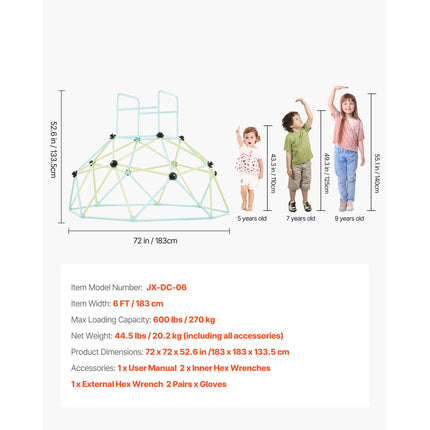 Climbing Dome, 183cm Geometric Dome Climber for Kids, 270kg Loading Indoor/Outdoor Jungle Gym Playground, Easy-Assembly Backyard Climbing Play Equipment for Boys Girls 3 to 10 Years Old