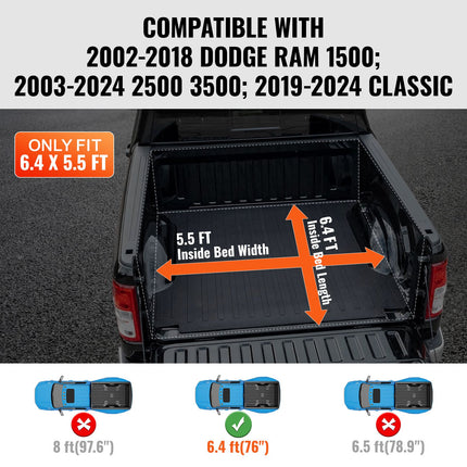 Truck Bed Cover, Roll Up Truck Bed Tonneau Cover, Compatible with 2002-2018 Dodge Ram 1500, 2003-2024 2500 3500, 2019-2024 Classic, for 6.4 x 5.5 ft Bed, Soft PVC material, Roll Up Tonneau Cover