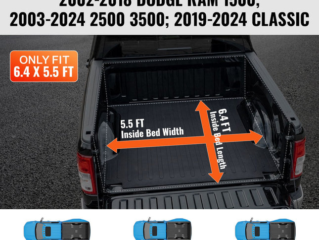 Truck Bed Cover, Roll Up Truck Bed Tonneau Cover, Compatible with 2002-2018 Dodge Ram 1500, 2003-2024 2500 3500, 2019-2024 Classic, for 6.4 x 5.5 ft Bed, Soft PVC material, Roll Up Tonneau Cover