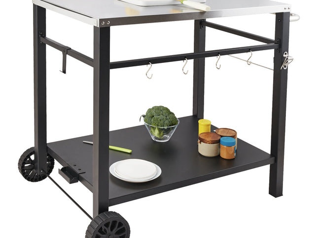 VEVOR Outdoor Grill Dining Cart with Double-Shelf, 85*55cm BBQ Movable Food Prep Table, Multifunctional Stainless Steel Table Top, Portable Modular Carts for Pizza Oven, Worktable with 2 Wheels, Carry Handle