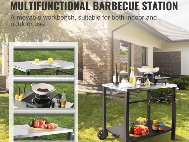 VEVOR Outdoor Grill Dining Cart with Double-Shelf, 85*55cm BBQ Movable Food Prep Table, Multifunctional Stainless Steel Table Top, Portable Modular Carts for Pizza Oven, Worktable with 2 Wheels, Carry Handle