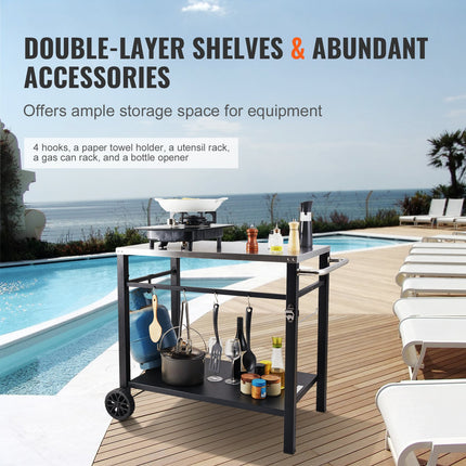VEVOR Outdoor Grill Dining Cart with Double-Shelf, 85*55cm BBQ Movable Food Prep Table, Multifunctional Stainless Steel Table Top, Portable Modular Carts for Pizza Oven, Worktable with 2 Wheels, Carry Handle