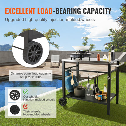 VEVOR Outdoor Grill Dining Cart with Double-Shelf, 85*55cm BBQ Movable Food Prep Table, Multifunctional Stainless Steel Table Top, Portable Modular Carts for Pizza Oven, Worktable with 2 Wheels, Carry Handle