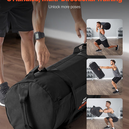 Workout Sandbag, Heavy Duty Workout Power Bags with Handles, 23-56 kg Adjustable Slam Bag for Fitness Strength Weight Training Cross-Training, Home Gym Exercise, Black (Unfilled)