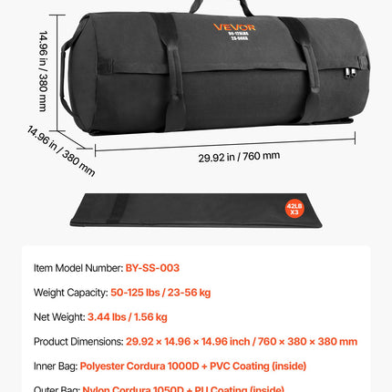 Workout Sandbag, Heavy Duty Workout Power Bags with Handles, 23-56 kg Adjustable Slam Bag for Fitness Strength Weight Training Cross-Training, Home Gym Exercise, Black (Unfilled)