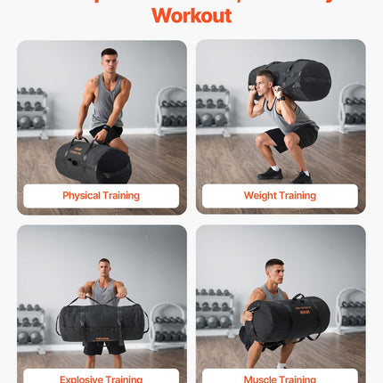 Workout Sandbag, Heavy Duty Workout Power Bags with Handles, 56-90 kg Adjustable Slam Bag for Fitness Strength Weight Training Cross-Training, Home Gym Exercise, Black (Unfilled)