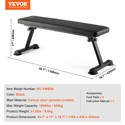 Flat Weight Bench, Foldable Strength Training Bench, Utility Workout Bench for Full Body Workout, 1000 LBS Press Bench for Home Gym Exercise, for Multi-Purpose Weight Training and Ab Exercises