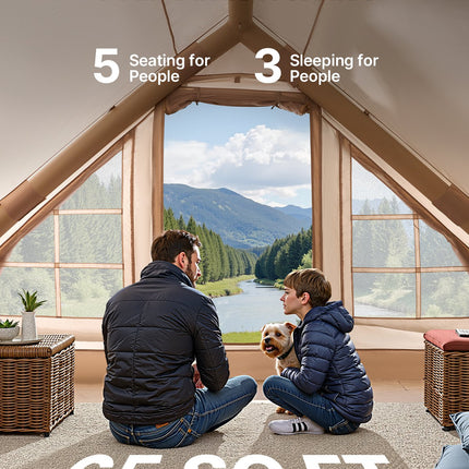 VEVOR Inflatable Tents for Camping, 3-5 Person Easy Setup Blow up Tent with Hand Pump, 300D Oxford 4 Season Glamping Tent with Canopy, Stove Jack, 2 Doors & 2 Mesh Windows (Storage Bag Included)