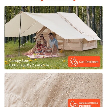 VEVOR Inflatable Tents for Camping, 3-5 Person Easy Setup Blow up Tent with Hand Pump, 300D Oxford 4 Season Glamping Tent with Canopy, Stove Jack, 2 Doors & 2 Mesh Windows (Storage Bag Included)