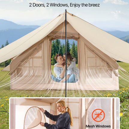 VEVOR Inflatable Tents for Camping, 3-5 Person Easy Setup Blow up Tent with Hand Pump, 300D Oxford 4 Season Glamping Tent with Canopy, Stove Jack, 2 Doors & 2 Mesh Windows (Storage Bag Included)