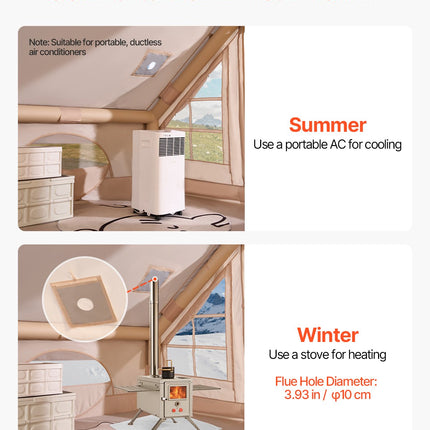 VEVOR Inflatable Tents for Camping, 3-5 Person Easy Setup Blow up Tent with Hand Pump, 300D Oxford 4 Season Glamping Tent with Canopy, Stove Jack, 2 Doors & 2 Mesh Windows (Storage Bag Included)