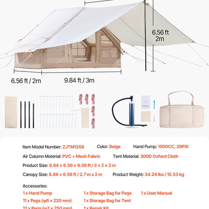 VEVOR Inflatable Tents for Camping, 3-5 Person Easy Setup Blow up Tent with Hand Pump, 300D Oxford 4 Season Glamping Tent with Canopy, Stove Jack, 2 Doors & 2 Mesh Windows (Storage Bag Included)