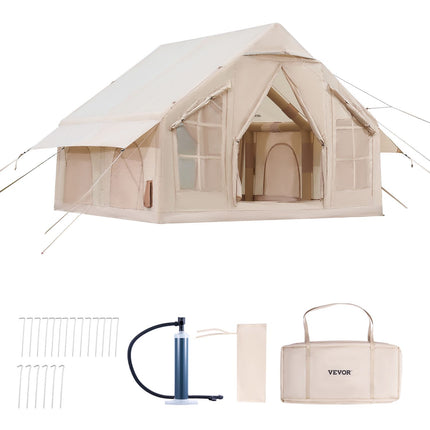 Inflatable Tents for Camping, 4-6 Person Easy Setup Blow up Tent with Hand Pump, 300D Oxford 4 Season Glamping Tent with Stove Jack 2 Doors & 4 Mesh Windows, Storage Bag Included for Easy Taking