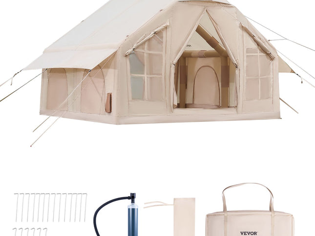 300D Oxford Inflatable Camping Tent with Stove Jack & Hand Pump – 4–6 Person, 2 Doors, 4 Mesh Windows