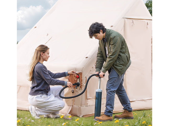 300D Oxford Inflatable Camping Tent with Stove Jack & Hand Pump – 4–6 Person, 2 Doors, 4 Mesh Windows