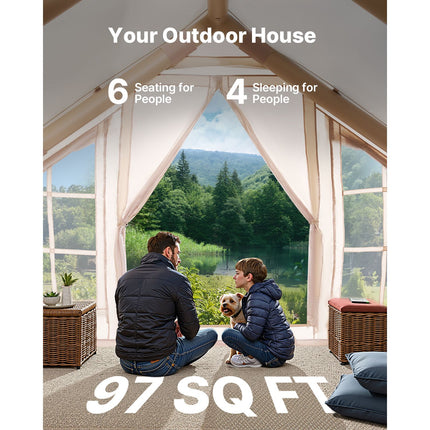 Inflatable Tents for Camping, 4-6 Person Easy Setup Blow up Tent with Hand Pump, 300D Oxford 4 Season Glamping Tent with Stove Jack 2 Doors & 4 Mesh Windows, Storage Bag Included for Easy Taking