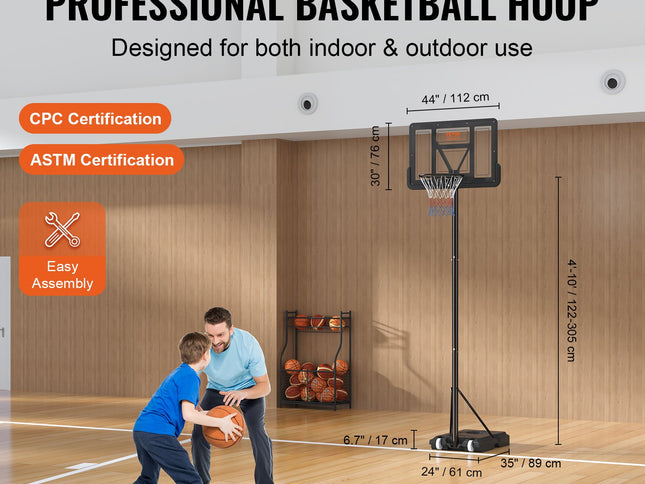 VEVOR Basketball Hoop, 4-10 ft Adjustable Height Portable Backboard System, 44 inch Basketball Hoop & Goal, Kids & Adults Basketball Set with Wheels, Stand, and Fillable Base, for Outdoor/Indoor