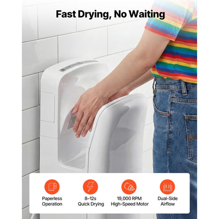 Vertical Hand Dryer, Hand Dryers with HEPA Filter, 19000 RPM High-Speed Motor, Dual-Side Airflow, ABS Sturdy Automatic Air Wall Mount Fast Drying for Commercial Bathrooms Modern Home, White