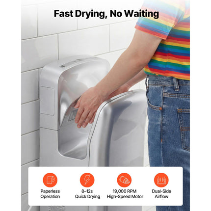 Vertical Hand Dryer, Hand Dryers with HEPA Filter, 19000 RPM High-Speed Motor, Dual-Side Airflow, ABS Sturdy Automatic Air Wall Mount Fast Drying for Commercial Bathrooms Modern Home, Silver