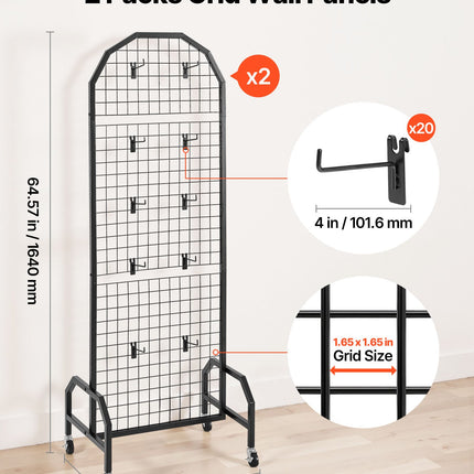 VEVOR 2 Packs Grid Wall Panels, 600 x 1640mm Wire Grid Panels Display Rack, Movable Art Display Shelf with Wheels and 20 Hooks, Black Carbon Steel Gridwall for Craft Show, Decor, Storage, Notice Board