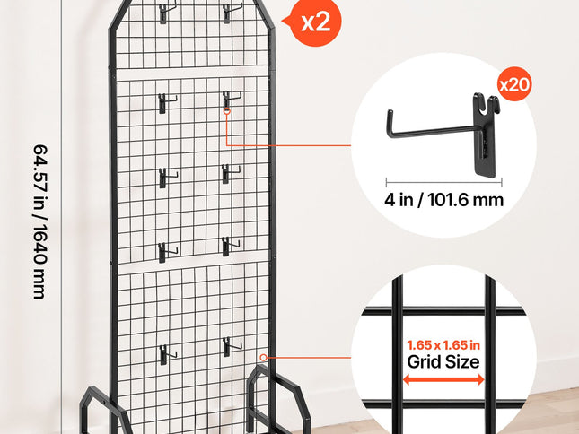 VEVOR 2 Packs Grid Wall Panels, 600 x 1640mm Wire Grid Panels Display Rack, Movable Art Display Shelf with Wheels and 20 Hooks, Black Carbon Steel Gridwall for Craft Show, Decor, Storage, Notice Board