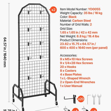 VEVOR 2 Packs Grid Wall Panels, 600 x 1640mm Wire Grid Panels Display Rack, Movable Art Display Shelf with Wheels and 20 Hooks, Black Carbon Steel Gridwall for Craft Show, Decor, Storage, Notice Board