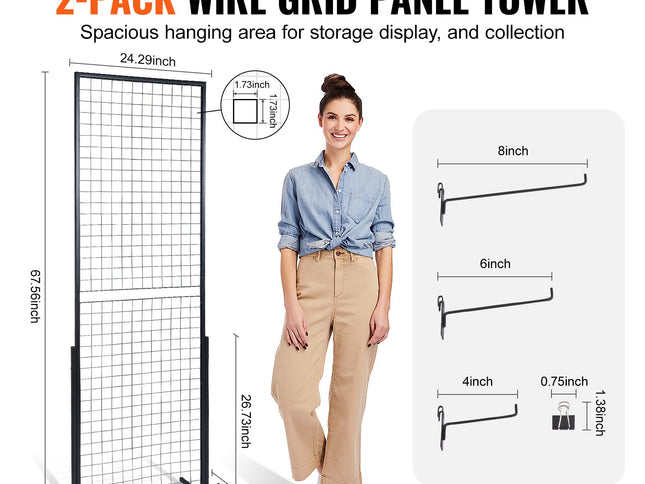 VEVOR 2' x 5.6' Grid Wall Panels Tower, 2 Packs Wire Gridwall Display Racks with T-Base Floorstanding, Double Side Gridwall Panels for Art Craft Shows, Retail Display with Extra Clips and Hooks