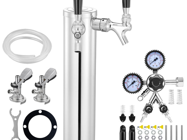 Kegerator Tower Kit, Dual Taps Beer Conversion Kit, Stainless Steel Keg Beer Tower Dispenser with Dual Gauge W21.8 Regulator & A-System Keg Coupler, Beer Drip Tray for Party Home