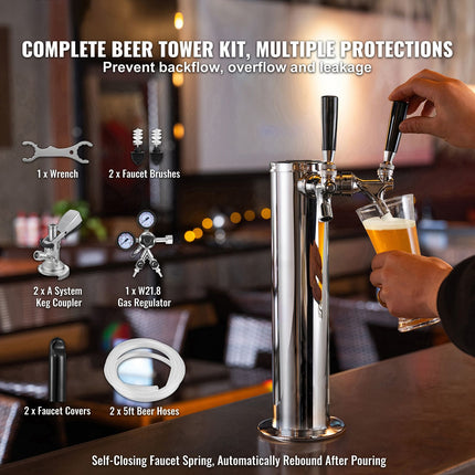 Stainless Steel Dual-Tap Kegerator Tower Kit ‚Äì W21.8 Dual-Gauge Regulator, A-System Coupler & Drip Tray