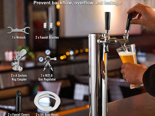Kegerator Tower Kit, Dual Taps Beer Conversion Kit, Stainless Steel Keg Beer Tower Dispenser with Dual Gauge W21.8 Regulator & A-System Keg Coupler, Beer Drip Tray for Party Home