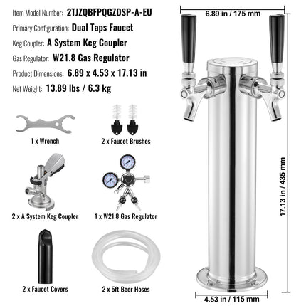 Stainless Steel Dual-Tap Kegerator Tower Kit ‚Äì W21.8 Dual-Gauge Regulator, A-System Coupler & Drip Tray