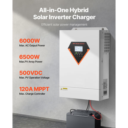 Hybrid Solar Inverter, 6000W, All in One Pure Sine Wave Power Inverter Charger, 220V AC, with Built-in 120A MPPT Solar Charger Controller, for Off-Grid System Lead Acid Lithium Battery