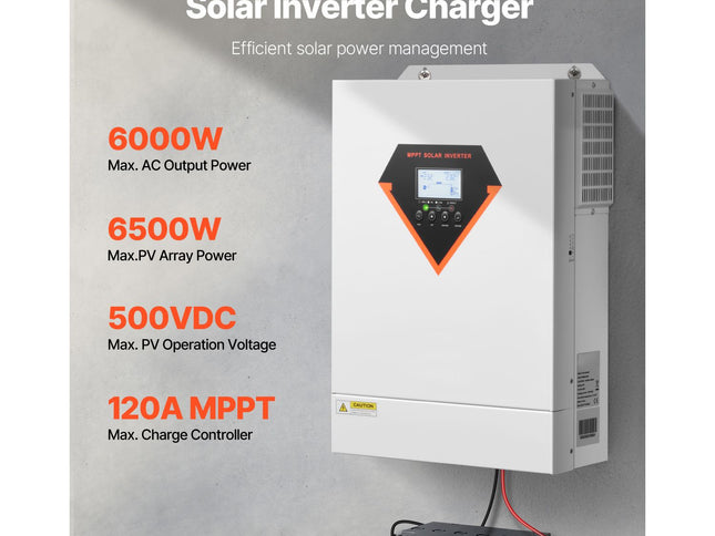 Hybrid Solar Inverter, 6000W, All in One Pure Sine Wave Power Inverter Charger, 220V AC, with Built-in 120A MPPT Solar Charger Controller, for Off-Grid System Lead Acid Lithium Battery
