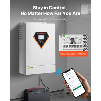 Hybrid Solar Inverter, 6000W, All in One Pure Sine Wave Power Inverter Charger, 220V AC, with Built-in 120A MPPT Solar Charger Controller, for Off-Grid System Lead Acid Lithium Battery