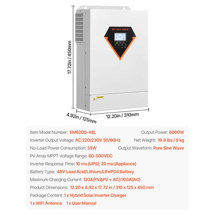 Hybrid Solar Inverter, 6000W, All in One Pure Sine Wave Power Inverter Charger, 220V AC, with Built-in 120A MPPT Solar Charger Controller, for Off-Grid System Lead Acid Lithium Battery