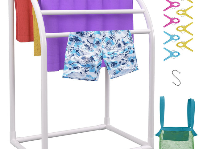 VEVOR Pool Towel Rack, 5 Bar, Milky, Freestanding Outdoor PVC Curved Poolside Storage Organizer, Include 8 Towel Clips, Mesh Bag, Hook, Also Stores Floats and Paddles, for Beach, Swimming Pool, Home