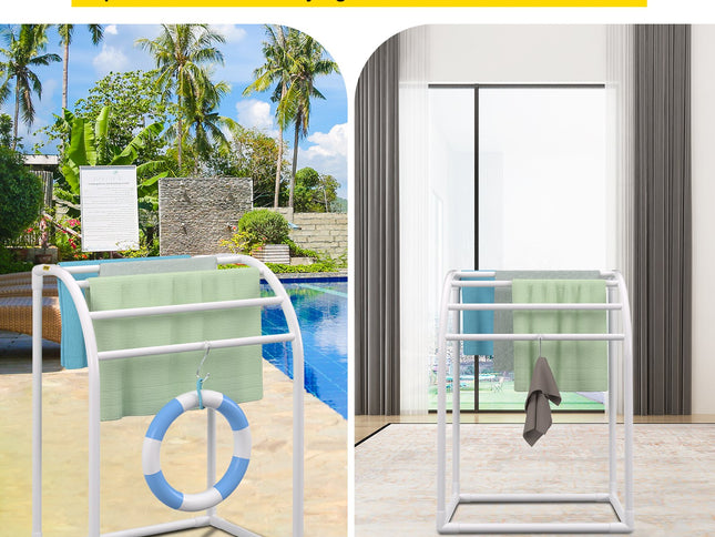 VEVOR Pool Towel Rack, 5 Bar, Milky, Freestanding Outdoor PVC Curved Poolside Storage Organizer, Include 8 Towel Clips, Mesh Bag, Hook, Also Stores Floats and Paddles, for Beach, Swimming Pool, Home