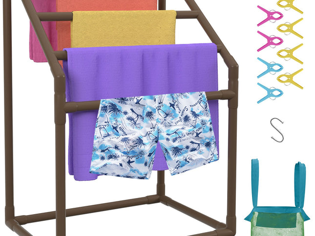 VEVOR Pool Towel Rack, 5 Bar, Brown, Freestanding Outdoor PVC Trapedozal Poolside Storage Organizer, Include 8 Towel Clips, Mesh Bag, Hook, Also Stores Floats and Paddles, for Beach, Swimming Pool