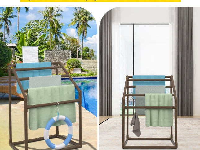 VEVOR Pool Towel Rack, 5 Bar, Brown, Freestanding Outdoor PVC Trapedozal Poolside Storage Organizer, Include 8 Towel Clips, Mesh Bag, Hook, Also Stores Floats and Paddles, for Beach, Swimming Pool