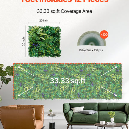 VEVOR Artificial Grass Wall Panels, 12 PCS 20 x 20 inch, 3D Combination Greenery Boxwood  Panel for Indoor Outdoor Green Decor & Ivy Fence Covering, Privacy Backdrop Wall Hedge Screen for Garden