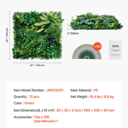 VEVOR Artificial Grass Wall Panels, 12 PCS 20 x 20 inch, 3D Combination Greenery Boxwood  Panel for Indoor Outdoor Green Decor & Ivy Fence Covering, Privacy Backdrop Wall Hedge Screen for Garden