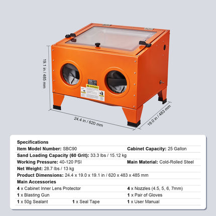25 Gallon Sandblasting Cabinet, 40-120PSI Portable Benchtop Sand Blasting Cabinet, Heavy Duty Steel Sand Blaster with Blasting Gun & 4 Ceramic Nozzles for Paint, Stain, Rust Removal