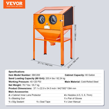 VEVOR 60 Gallon Sand Blasting Cabinet with Stand with Blasting Gun & 4 Nozzles