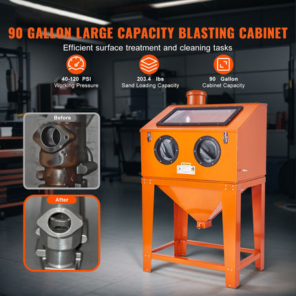 90 Gallon Sandblasting Cabinet with 1.8 Gallon Dust Collection System, 40-120PSI Sand Blasting Cabinet with Stand, Heavy Duty Sand Blaster with Blasting Gun & 4 Nozzles for Paint, Rust Removal