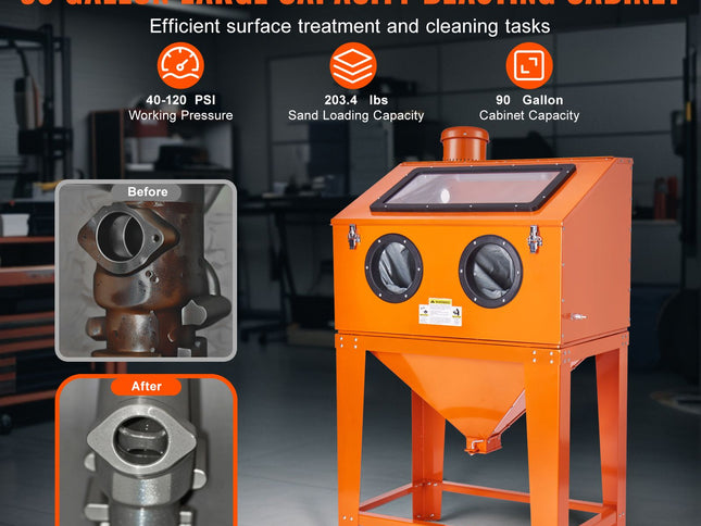 Sandblasting Cabinet with Stand, Gun & 4 Nozzles – 90 Gallon, 1.8 Gallon Dust Collector, 40–120 PSI