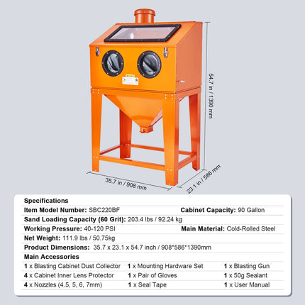 90 Gallon Sandblasting Cabinet with 1.8 Gallon Dust Collection System, 40-120PSI Sand Blasting Cabinet with Stand, Heavy Duty Sand Blaster with Blasting Gun & 4 Nozzles for Paint, Rust Removal